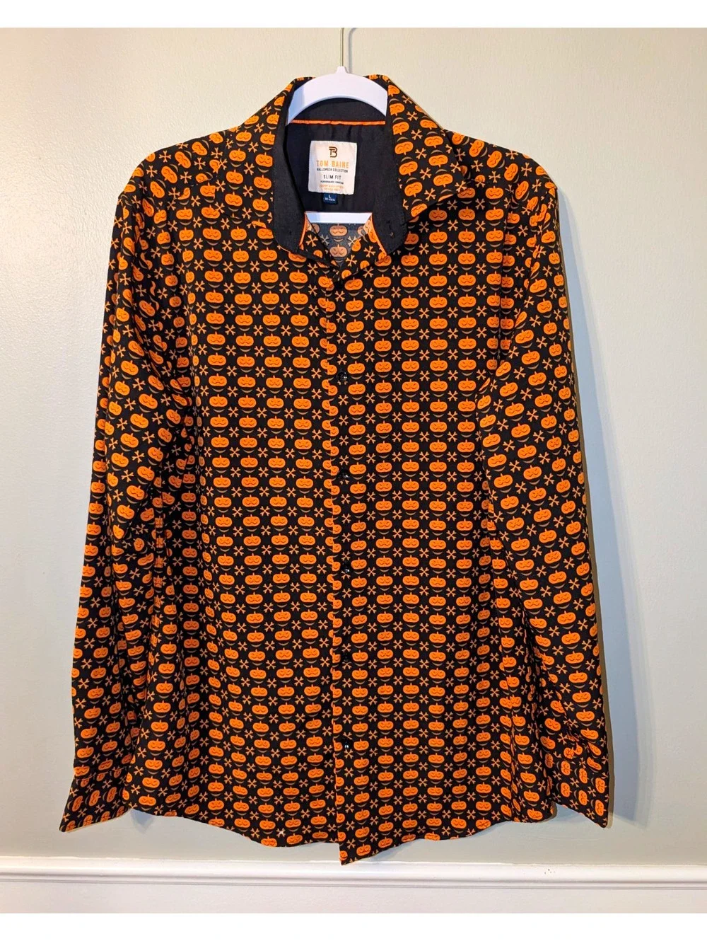 Tom Baine Halloween Collection Slim Fit Men's Orange Black Shirt Size L 16-16.5